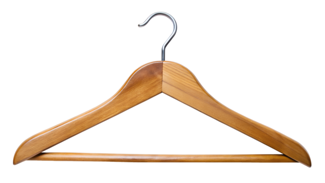 Wooden clothes hanger isolated on transparent background used to hang clothes in a closet or wardrobe for storage