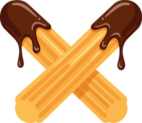 Two golden brown churros drizzled with rich dark chocolate sauce in a cross shape against a white background