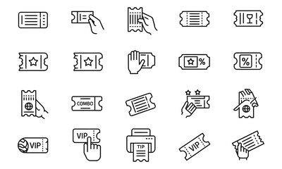 Set of 20 black and white line art ticket icons including admission, VIP, discount, combo, star, and hand gesture symbols
