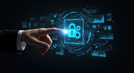 Cybersecurity concept with human hand interacting with a digital interface showing lock and gears icon