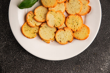 Crisps croutons with greens croutons delicious snack fresh delicious gourmet food background on the table  rustic food top view copy space