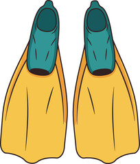 Pair of bright yellow swimming fins with teal foot pockets isolated on a white background for water sports and diving