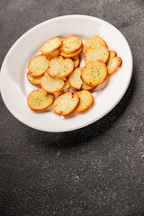 Crisps croutons with greens croutons delicious snack fresh delicious gourmet food background on the table  rustic food top view copy space