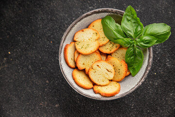 Crisps croutons with greens croutons delicious snack fresh delicious gourmet food background on the table  rustic food top view copy space