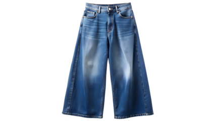 Stylish wide leg denim jeans in a classic blue wash isolated on transparent background, perfect for a trendy and comfortable casual look