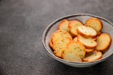 Crisps croutons with greens croutons delicious snack fresh delicious gourmet food background on the table  rustic food top view copy space