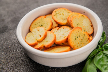Crisps croutons with greens croutons delicious snack fresh delicious gourmet food background on the table  rustic food top view copy space