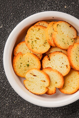 Crisps croutons with greens croutons delicious snack fresh delicious gourmet food background on the table  rustic food top view copy space