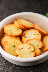 Crisps croutons with greens croutons delicious snack fresh delicious gourmet food background on the table  rustic food top view copy space