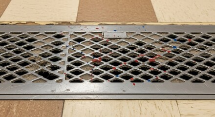 Dirty, speckled vent cover on a wood floor.