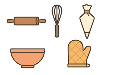 Baking tools including rolling pin, whisk, bowl, and oven mitt