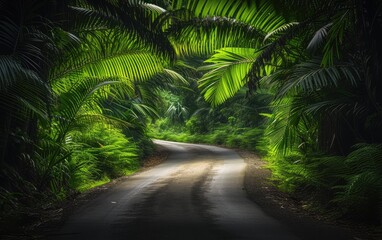 Serene road through lush tropical jungle.