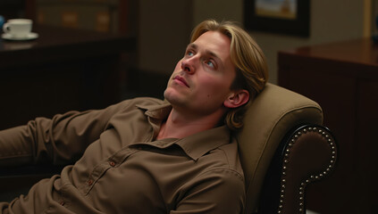 Obraz premium Young man relaxing on brown leather chair looking thoughtfully upward in cozy room with warm lighting and cup on table behind him