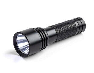 Black LED Flashlight on White Background, High-Quality Product Shot.