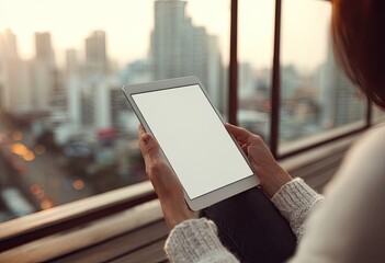 Woman holding a tablet outdoors, city view