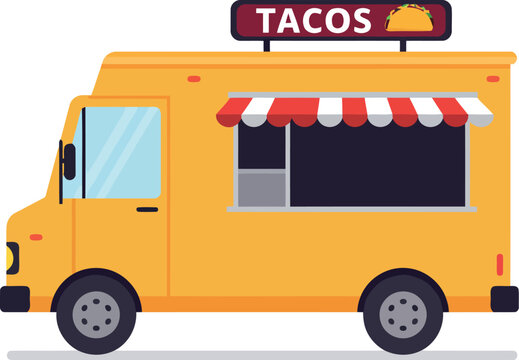 Bright yellow taco truck with a striped awning and illuminated tacos sign ready to serve delicious mexican street food