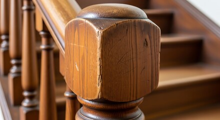 Close-up of a wooden staircase banister post with visible wear and tear, showing the texture and grain of the wood.