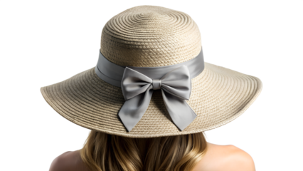 Back view of a woman wearing a straw sun hat with a gray ribbon and bow isolated on transparent background
