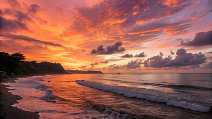 Orange clouds reflect on the tranquil sea as the summer sun sets on the sandy beach
