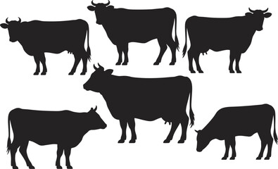 Cow silhouettes, cattle poses, farm animals, livestock illustration, rural life, agriculture theme, black and white vector, grazing cows, standing cows, horned cattle