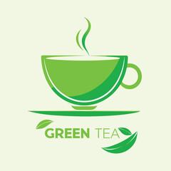 Green tea cup with steam and leaves vector