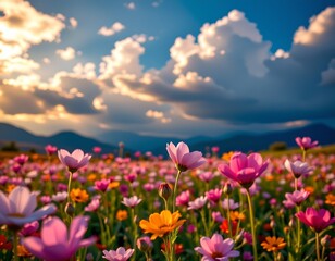 Fototapeta premium This image captures a serene scene of a meadow in full bloom under a cloudy sky