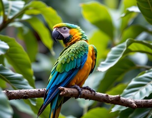 Obraz premium A vibrant parrot perched confidently on a branch within a lush tropical setting.