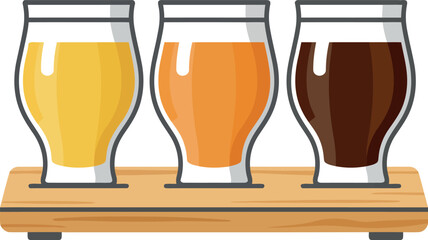 Three different types of beer presented in tasting glasses on a wooden flight tray for a beer tasting experience