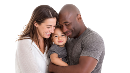 A joyful mixed-race family sharing a loving moment together, with the mother smiling and the father embracing their child.