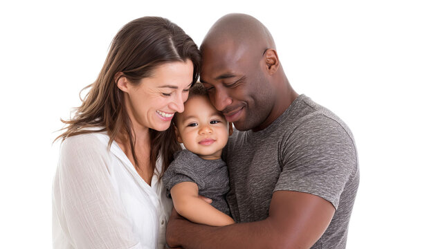 A joyful mixed-race family sharing a loving moment together, with the mother smiling and the father embracing their child.