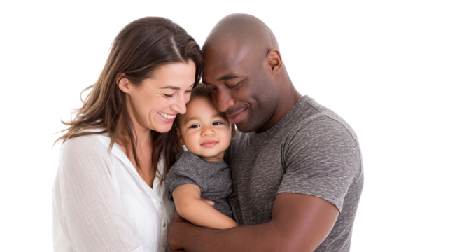 A joyful mixed-race family sharing a loving moment together, with the mother smiling and the father embracing their child.