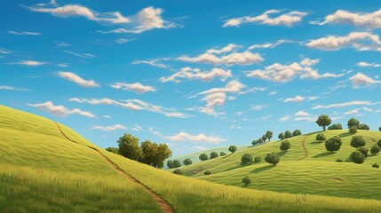 Obraz premium Sunny landscape with rolling green hills.