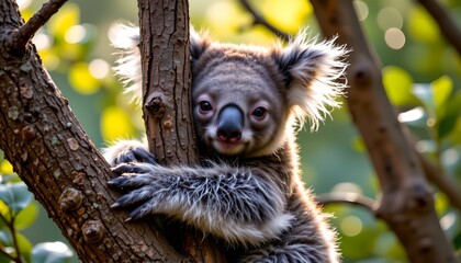 Fototapeta premium A koala is perched in a tree, holding onto its branch while peering out with an alert expression