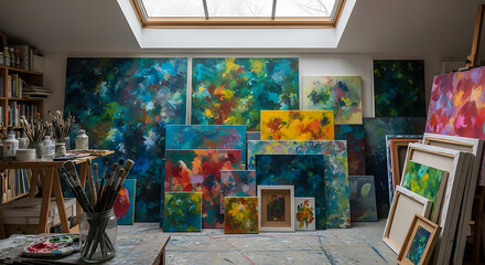An artist's haven, showcasing a studio filled with abstract paintings, tools, and natural light