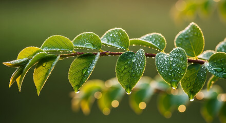 Lush foliage adorned with glistening droplets, reflecting the morning light across verdant
