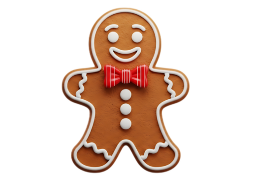 A classic gingerbread man cookie, decorated with white icing and a red striped bow tie, isolated on a solid black background, representing a festive and delicious holiday treat.