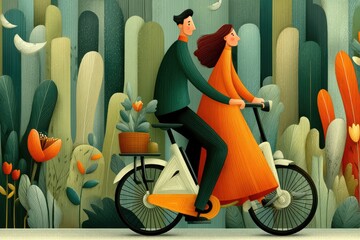 A couple rides a bicycle through a stylized forest