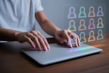 Person typing on a laptop with a digital display of user profiles above