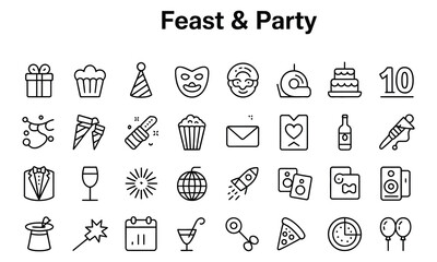 Set of 30 minimalist feast and party icons including gifts, cake, wine, balloons, fireworks, disco, pizza, cocktail, music, and celebration symbols