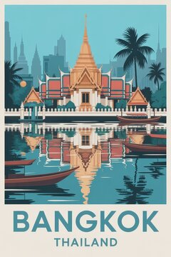 Vintage Travel Poster of Bangkok Thailand Skyline  
