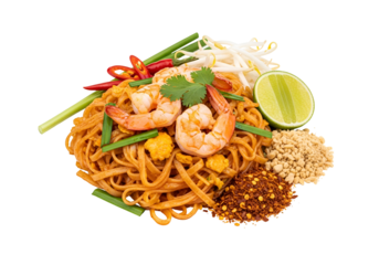 Delicious Shrimp Pad Thai with Lime and Fresh Vegetables on Black Background