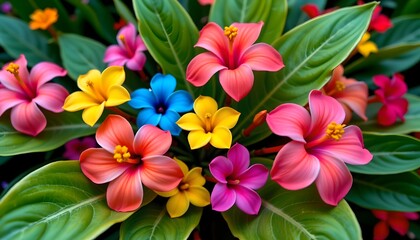 Fototapeta premium A vibrant cluster of flowers with brightly colored petals in hues of pink, blue, and yellow
