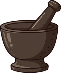 A traditional dark brown mortar and pestle set a classic tool for grinding herbs and spices depicted on a white background