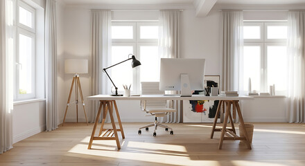 Brightly Lit Home Office with Modern Minimalist Design and Window Views for Focus