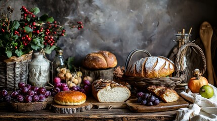 Fototapeta premium Rustic still life table with bread fruit and vintage props for food styling photography autumn harvest farmhouse lifestyle visuals concept