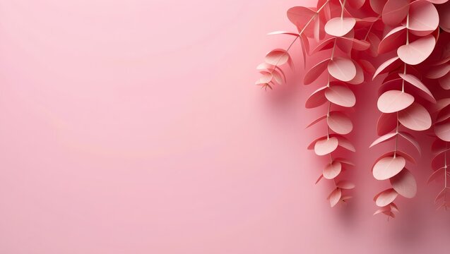 Pink Eucalyptus Branch on Pink Background with Copy Space