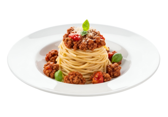 Delicious spaghetti pasta with rich meat sauce garnished with basil on white plate against black