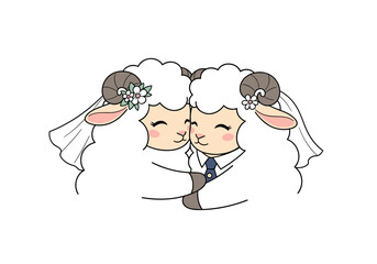 Adorable couple sheep embracing wearing wedding attire celebrating their special day