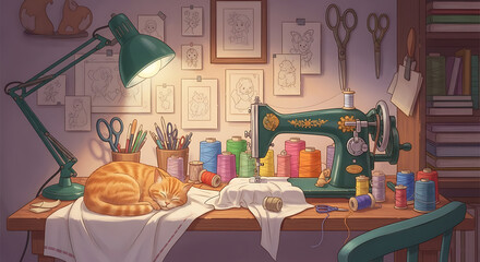 Cozy sewing room scene featuring a vintage machine, colorful threads, and a sleeping cat bathed in