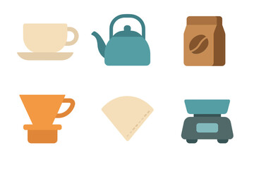 Various coffee brewing tools and accessories in flat design